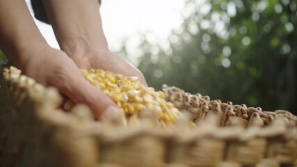 corn grains fall from hands