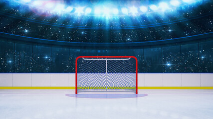 Ice hockey stadium from player view with empty goal and cheering fans on background. Digital 3D illustration for sport advertising.