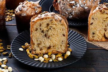 Fototapeta na wymiar .Delicious homemade panettone with natural fermentation. With white chocolate and pistachios