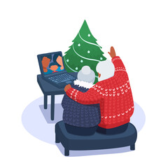 The family communicates by video call on the Christmas holiday. Video chat, remote communication with parents. Wife, husband, and kid on a laptop screen. A vector cartoon illustration.