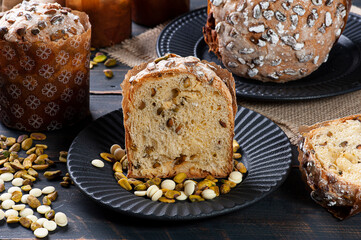 .Delicious homemade panettone with natural fermentation. With white chocolate and pistachios