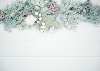 winter background with fir branches cones and snow