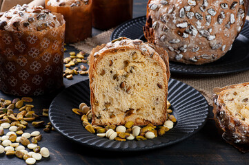 .Delicious homemade panettone with natural fermentation. With white chocolate and pistachios