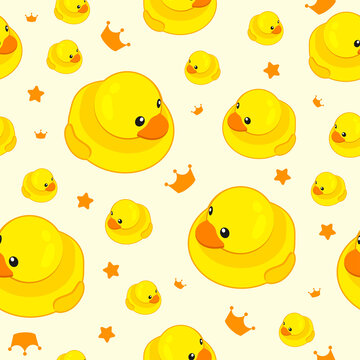 Cute Yellow Rubber Duck Seamless Pattern Vector illustration.  Inflatable duck on soft yellow background