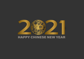 2021 Chinese New Year greeting background. Gold numbers and a traditional paper cut ox symbol on a black background. Elegant vector design for holiday decoration	