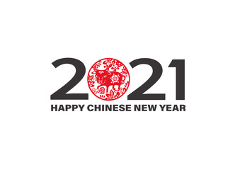 2021 Chinese New Year greeting background. Black numbers and a traditional red paper cut ox symbol on a white background. Elegant vector design for holiday decoration	