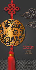 Chinese New Year greeting card. Golden Pendant with Ox and Luck Knot. Zodiac symbol of 2021 poster design