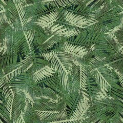 Fototapeta na wymiar Green tropical palm tree leaves seamless pattern. High quality illustration. Vivid, detailed, and highly textured graphic design. Trendy jungle foliage for fabric or repeat surface design.