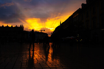 Beautiful sunset on the old town square