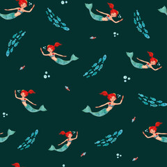 seamless illustration of the underwater world on a dark green background with mermaids and fishes