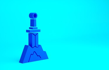 Blue Sword in the stone icon isolated on blue background. Excalibur the sword in the stone from the Arthurian legends. Minimalism concept. 3d illustration 3D render.