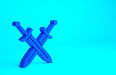 Blue Crossed medieval sword icon isolated on blue background. Medieval weapon. Minimalism concept. 3d illustration 3D render.