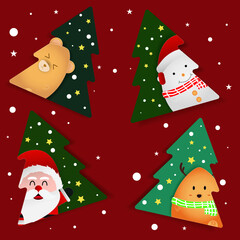 Abstarct Christmas card tree with Santa reindeersnow man and  bear red background color vector illustration.	
