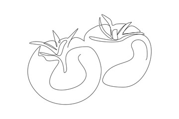 Continuous line drawing of juicy tomato. One line art concept of fresh fruit and vegetable. Vector illustration