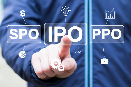 Initial Public Offering service finance business concept. Businessman touched IPO icon on virtual trading screen. The first public sale of shares in joint stock company.