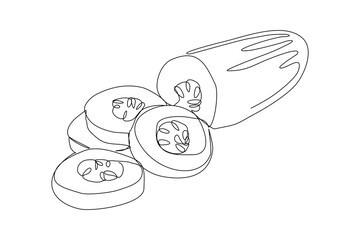 Continuous line drawing of sliced cucumber pickles. One line art concept of fresh food fruit and vegetable. Vector illustration