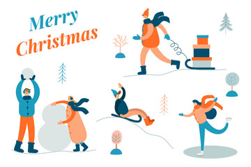 Fototapeta na wymiar Merry Christmas background with winter outdoor leisure activities on white background, people ice skating, sledding, making a snowman, man with gifts. Flat vector illustration.