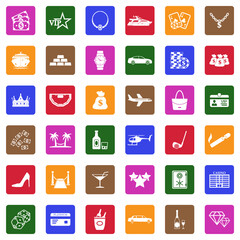 Luxury And Wealth Icons. White Flat Design In Square. Vector Illustration.