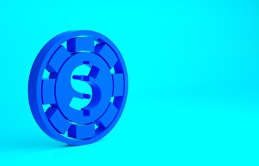 Blue Casino chip with dollar symbol icon isolated on blue background. Casino gambling. Minimalism concept. 3d illustration 3D render.