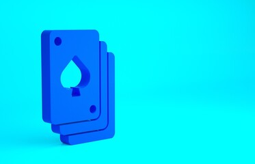 Blue Playing cards icon isolated on blue background. Casino gambling. Minimalism concept. 3d illustration 3D render.