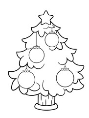 Coloring page of a decorated Christmas tree. Vector black and white illustration isolated on white background