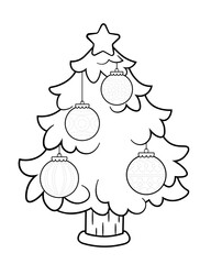 Coloring page of a decorated Christmas tree. Trace Christmas ornaments handwriting practice for kids. Vector black and white illustration isolated on white background.