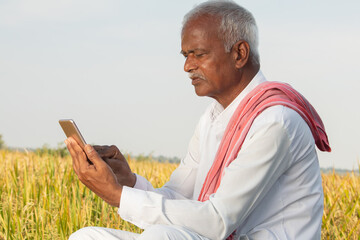 Indian famer using mobile at agricultural farm land - elder villager using phone - Concept of senior rural people using technology and smartphone. - obrazy, fototapety, plakaty