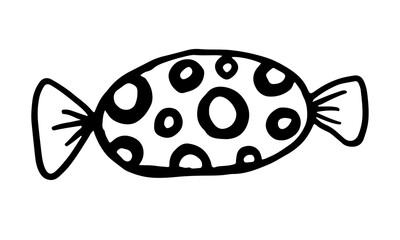 Doodle wrapped candy illustration. Hand drawn dessert isolated on white background. Vector festive icon for candy shop poster. Sweet unhealthy food