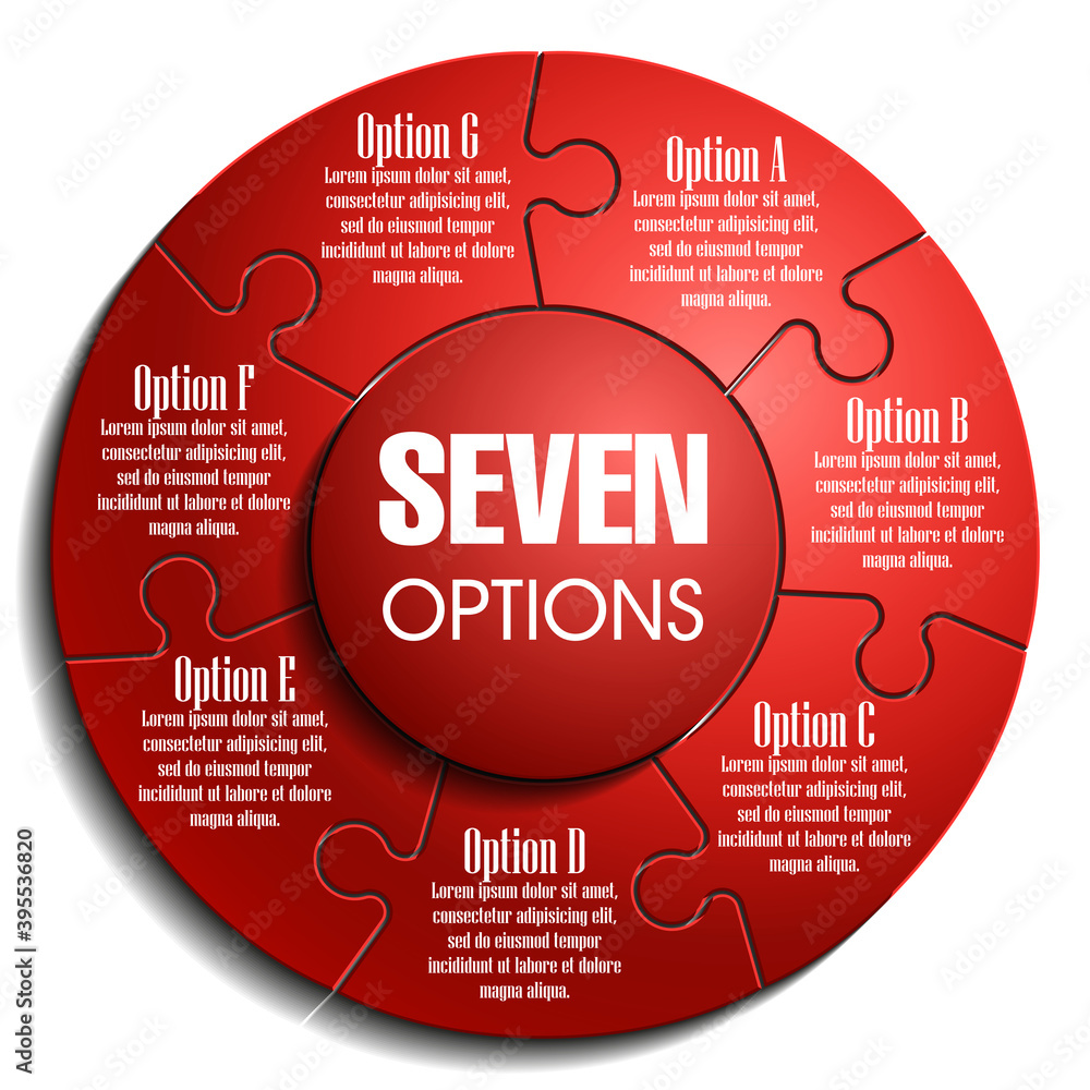 Poster seven sided 3d puzzle presentation infographic template with explanatory text field for business sta
