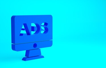 Blue Advertising icon isolated on blue background. Concept of marketing and promotion process. Responsive ads. Social media advertising. Minimalism concept. 3d illustration 3D render.