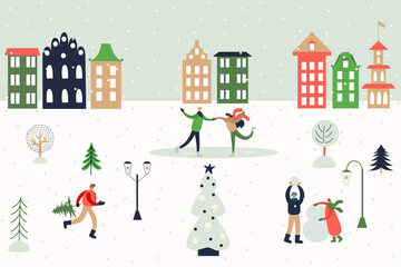Christmas greeting card, banner, poster with people at festival at snowy town square. Merry Christmas card with winter outdoor leisure activities.Vector illustration in flat simple style.