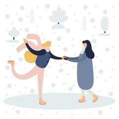 Merry Christmas and happy New year vector greeting card with girls skating. Cute people in modern style. Background with winter outdoor leisure activities.