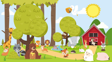 Cute woodland mammals in the forest animals set