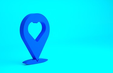 Blue Map pointer with heart icon isolated on blue background. Valentines day. Love location. Romantic map pin. Minimalism concept. 3d illustration 3D render.