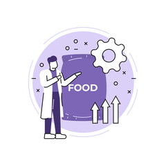 food research and development staff. illustration of a man using laboratory clothes and researching a food or snack. develop an industrial product. flat and outline style. design element