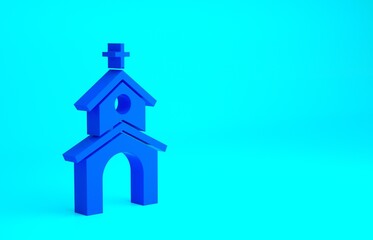 Blue Church building icon isolated on blue background. Christian Church. Religion of church. Minimalism concept. 3d illustration 3D render.