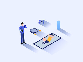 Fototapeta na wymiar Fitness training vector 3D isometric concept: Personal trainer exercise with young woman doing sit ups