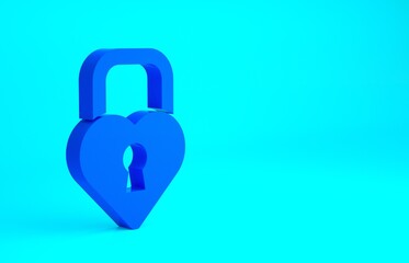 Blue Castle in the shape of a heart icon isolated on blue background. Locked Heart. Love symbol and keyhole sign. Minimalism concept. 3d illustration 3D render.