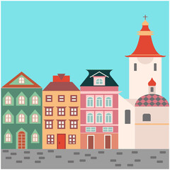 European city street. West european styled buildings. Facades with doors, windows and design elements. Christian church. Vector design for card, wallpaper. 