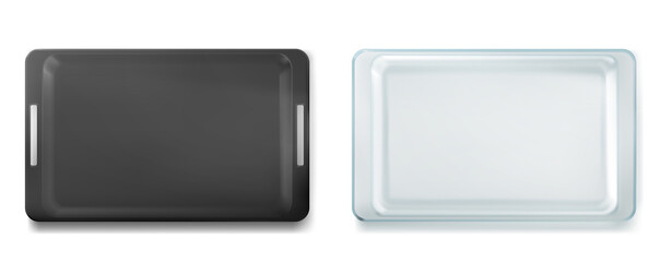 Glass and metal trays for baking top view, empty tin and glassware clean pans, isolated forms. Kitchen utensil for oven, refractory dishes for raw dough, bake cooking, Realistic 3d vector illustration