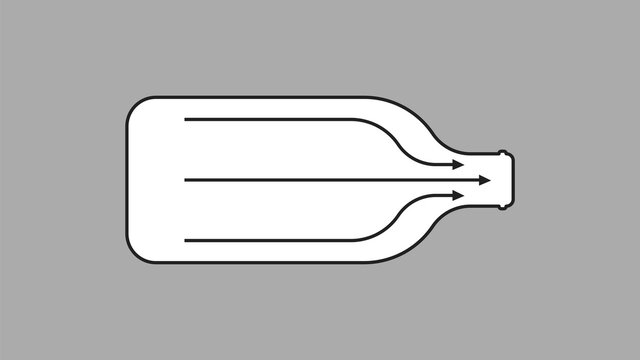 Bottleneck bottle. Arrows for direction of liquid exit from bottle narrowing neck of glass container.