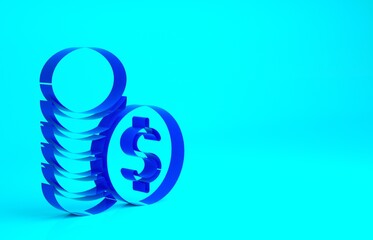 Blue Coin money with dollar symbol icon isolated on blue background. Banking currency sign. Cash symbol. Minimalism concept. 3d illustration 3D render.