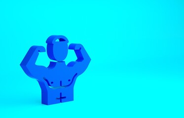 Blue Bodybuilder showing his muscles icon isolated on blue background. Fit fitness strength health hobby concept. Minimalism concept. 3d illustration 3D render.