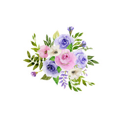 Gentle Purple and pink watercolor flowers bouquet. Hand painted floral spring set. Bright arrangement. Watercolor Isolated bouquet.