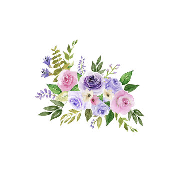 Purple and pink watercolor flowers bouquet. Hand drawn floral spring bright arrangement set. Isolated bouquet.