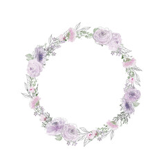 Watercolor pink violet green flowers, blossom and branches wreath. Handdrawn linear illustration on white background. Spring round frame isolated.