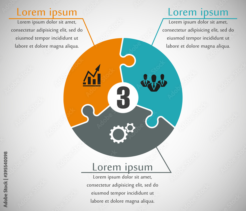 Fototapete three sided puzzle presentation infographic template with explanatory text field for business statis