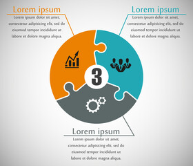 Three sided puzzle presentation infographic template with explanatory text field for business statistics