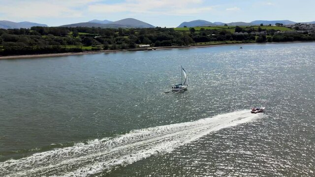 Boat 360 Travelling Along Menai Strait Wales Next To Snowdonia Breathtaking Landscape