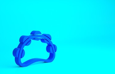 Blue Musical instrument percussion tambourine, with metal plates icon isolated on blue background. Minimalism concept. 3d illustration 3D render.